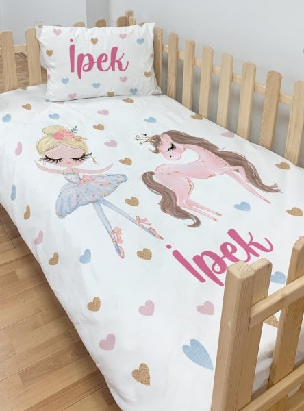 Kişiye Özel Montessori %100 Pamuk Nevresim Seti Unicorn ve Balerin