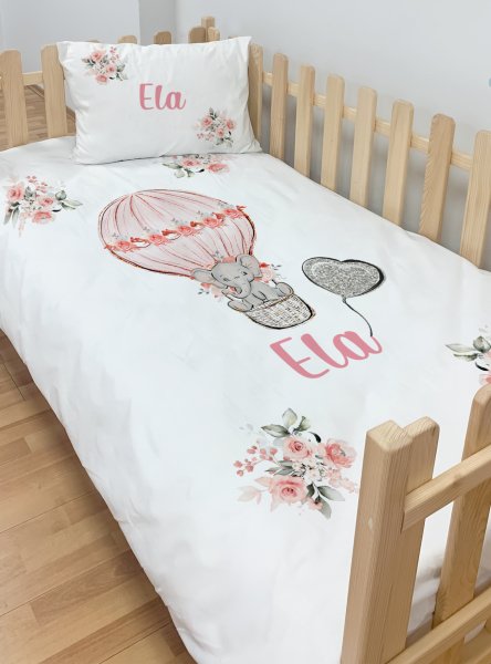 Kişiye Özel Montessori %100 Pamuk Nevresim Seti Balondaki Fil