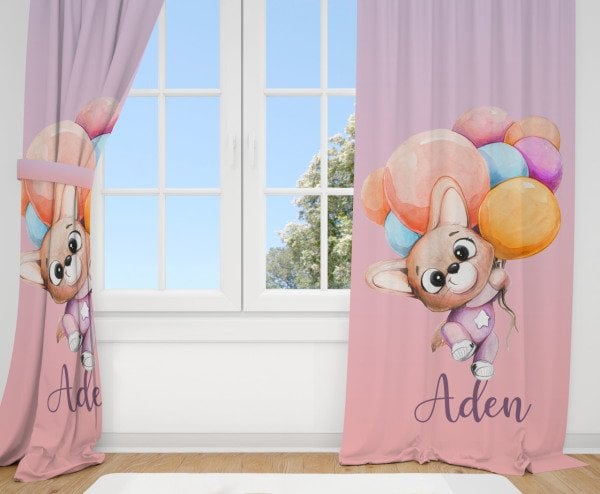 Kişiye Özel Baskılı Fon Perde Balonlu Tavşan