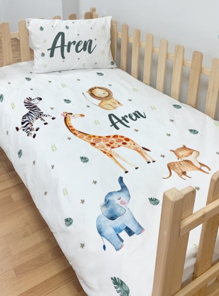 Kişiye Özel Montessori %100 Pamuk Nevresim Seti Animal 160x235 Lastiksiz %100 Pamuk Çarşaf