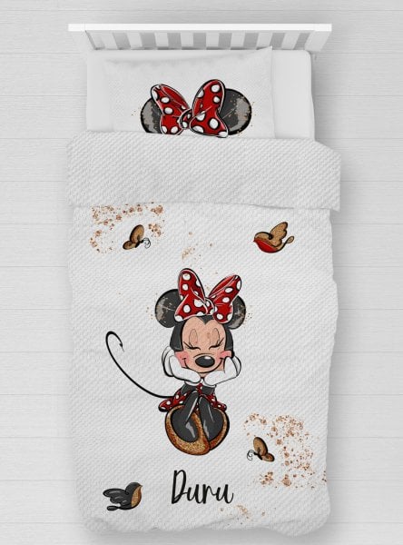 Kişiye Özel %100 Pamuk Tek Kişilik Pike Seti Minnie Mouse