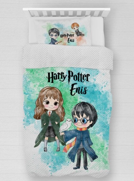 Kişiye Özel %100 Pamuk Tek Kişilik Pike Seti Harry Potter