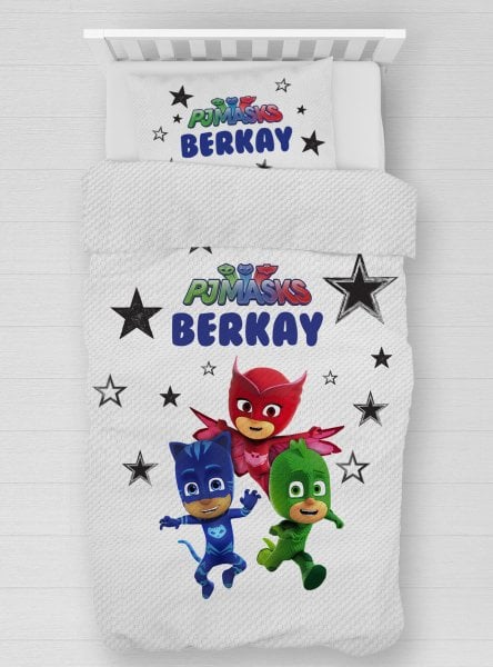 Kişiye Özel %100 Pamuk Tek Kişilik Pike Seti Pj Maskeliler