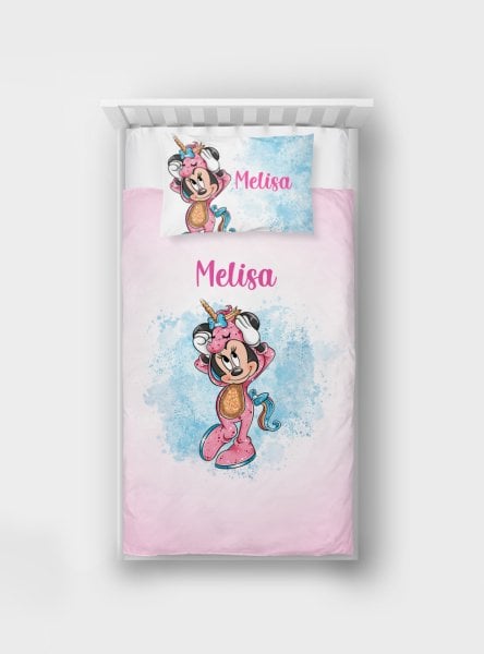 Kişiye Özel Tek Kişilik Yatak Örtüsü Minnie Mouse Unicorn