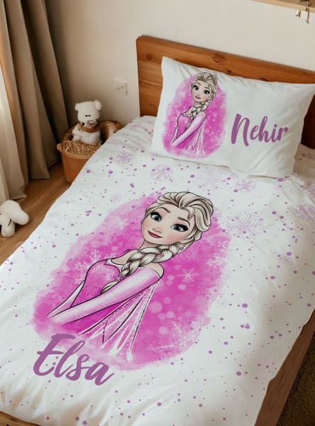 Kişiye Özel Tek Kişilik Nevresim Pembe Elsa