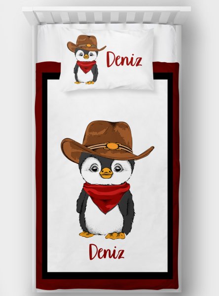 Kişiye Özel Tek Kişilik Yatak Örtüsü Penguen