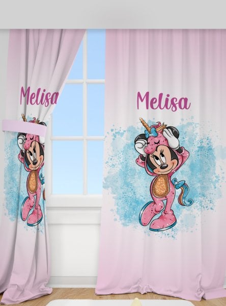 Kişiye Özel Baskılı Fon Perde Minnie Mouse Unicorn