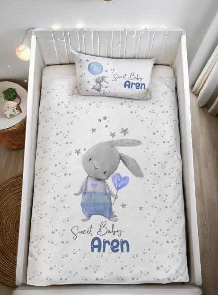 Kişiye Özel Bebek Nevresim Takımı Balonlu Tavşan