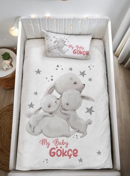 Kişiye Özel Bebek Nevresim Takımı Sevimli Tavşanlar