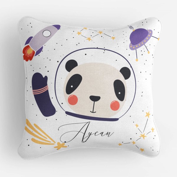 Kişiye Özel Çift Taraflı Kare Kırlent Kılıfı Panda Uzayda