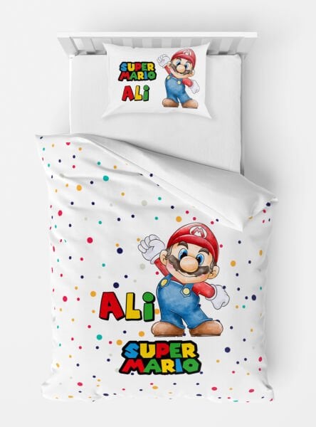 Kişiye Özel Tek Kişilik Micro Saten Nevresim Super Mario