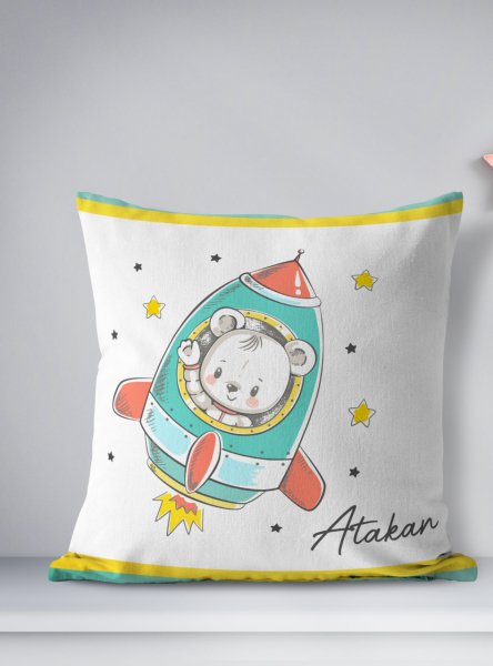 Kişiye Özel Çift Taraflı Kare Kırlent Kılıfı Astronot Ayı