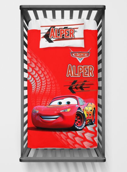 Kişiye Özel Bebek Yatak Örtüsü Şimşek McQueen Cars Yatak Örtüsü + Yastık Kılıfı