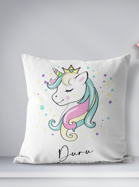 Kişiye Özel Çift Taraflı Kare Kırlent Kılıfı Unicorn