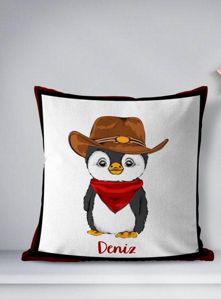 Kişiye Özel Çift Taraflı Kare Kırlent Kılıfı Kovboy Penguen