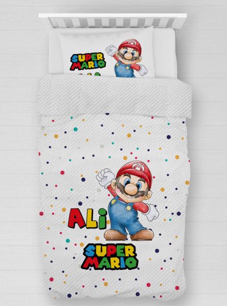 Kişiye Özel %100 Pamuk Tek Kişilik Pike Seti Super Mario