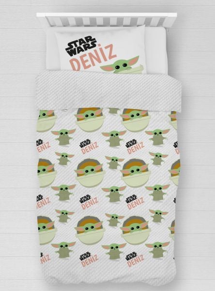 Kişiye Özel %100 Pamuk Tek Kişilik Pike Seti Star Wars Yoda