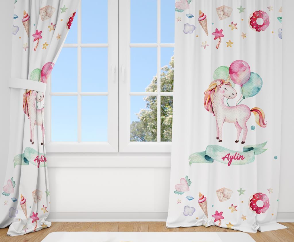 Kişiye Özel Fon Perde Balonlu Unicorn Çift Kanat 70x260cm (2 adet)