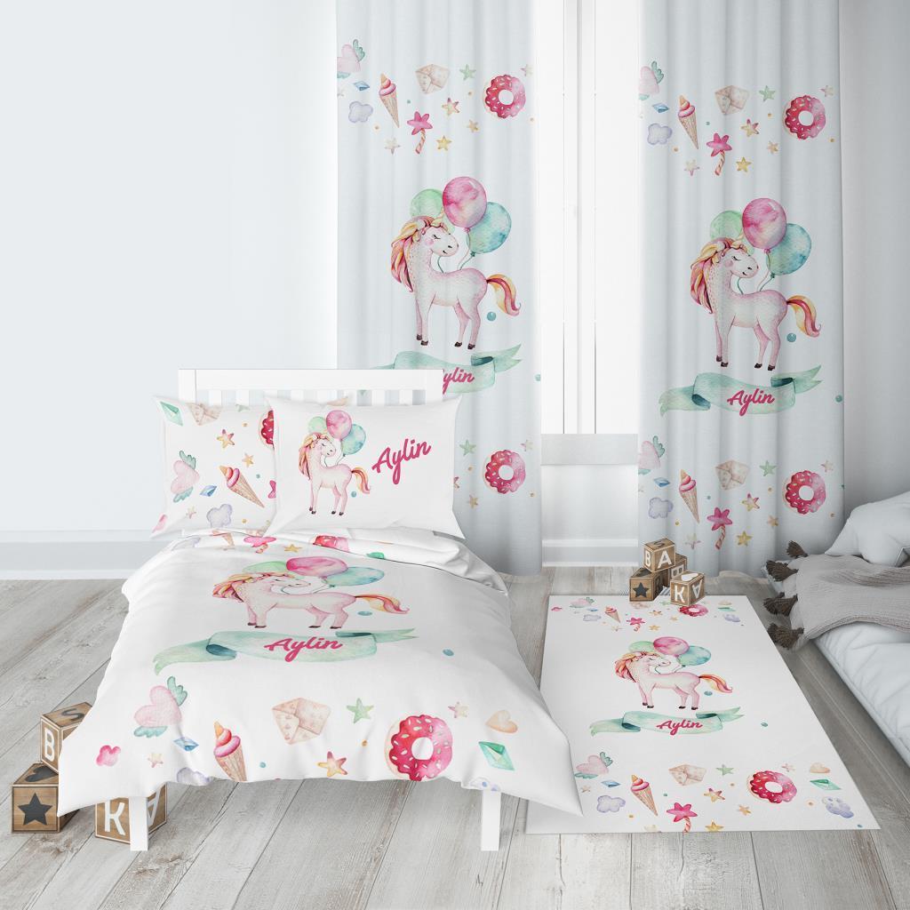 Kişiye Özel Fon Perde Balonlu Unicorn Çift Kanat 140x260cm (2 adet)