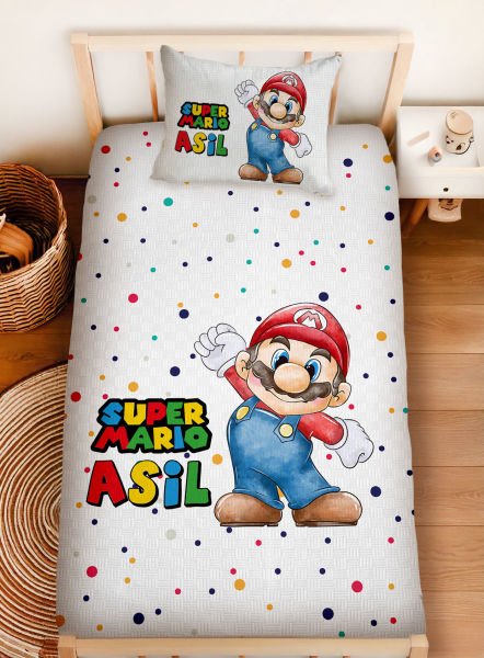 Kişiye Özel %100 Pamuk Tek Kişilik Pike Seti Mario