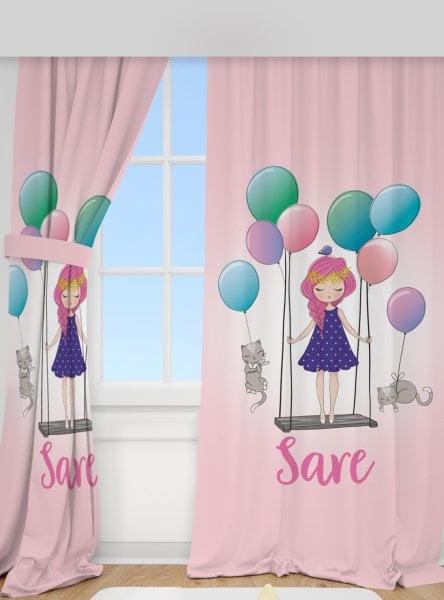 Kişiye Özel Baskılı Fon Perde Balonlu Kız