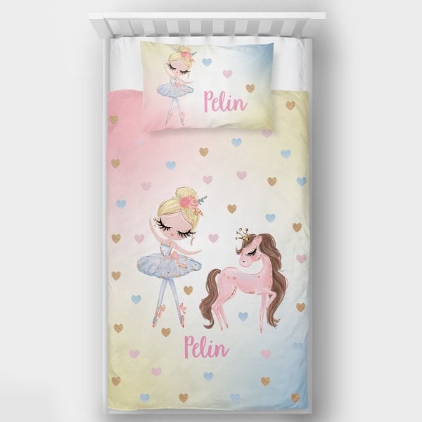 Kişiye Özel Tek Kişilik Yatak Örtüsü Balerin ve Unicorn