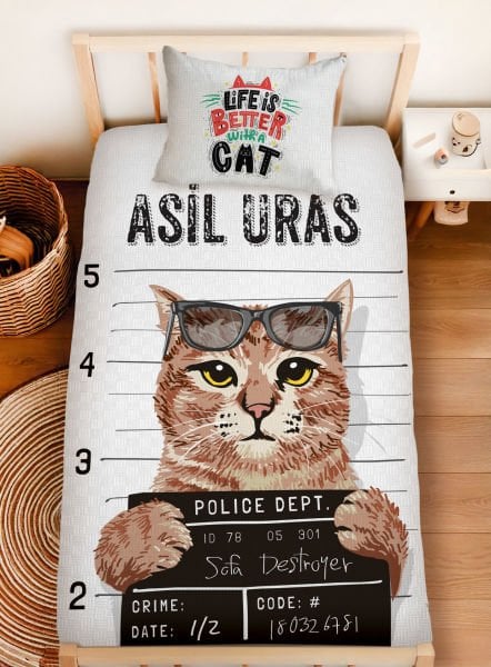 Kişiye Özel %100 Pamuk Tek Kişilik Pike Seti Kedi